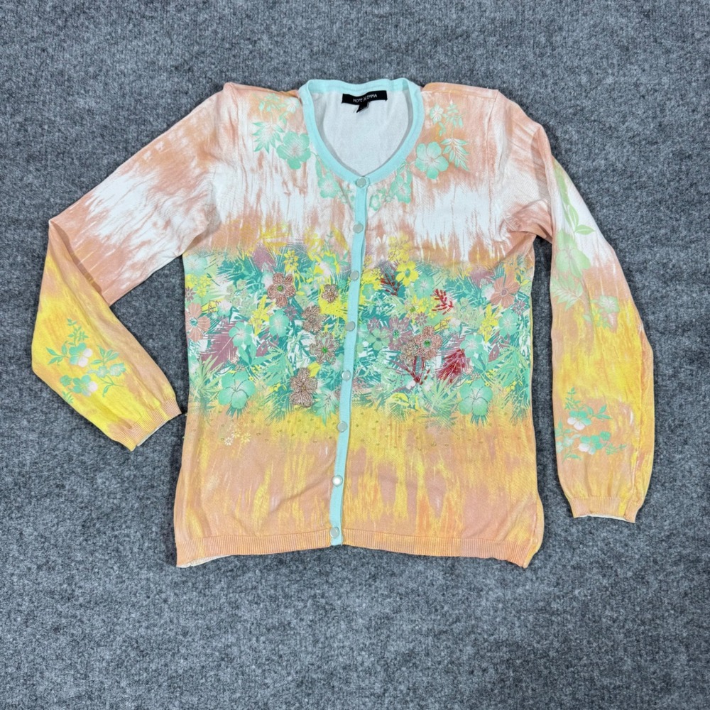 Hope Emma Floral Embellished Cardigan Sweater Womens PS Multi Color Rayon EUC